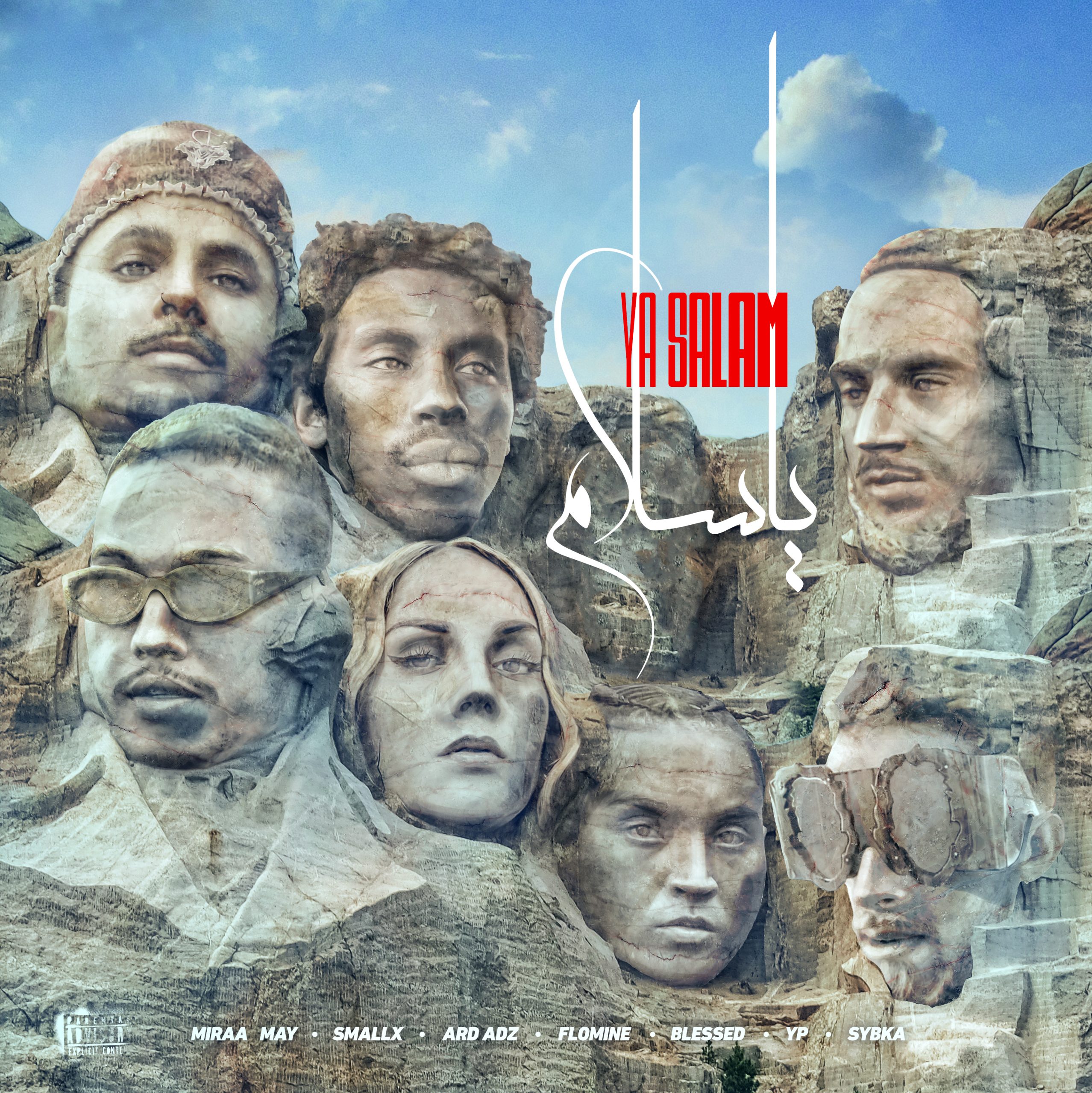 cover art for the song ya salam that depicts all 7 artists' faces etched into a giant stone wall