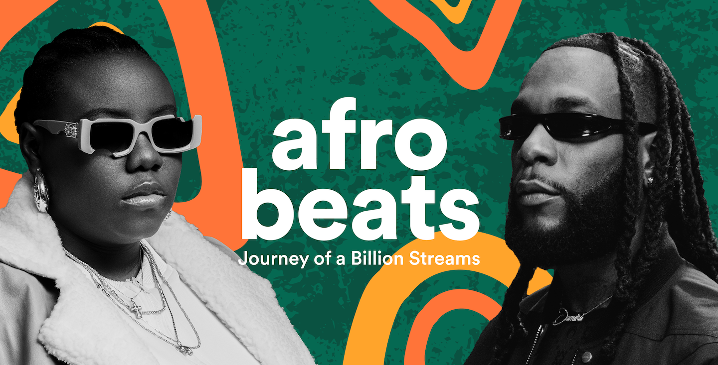 a green and orange background with black and white artist portraits. Afro Beats text is in the center.