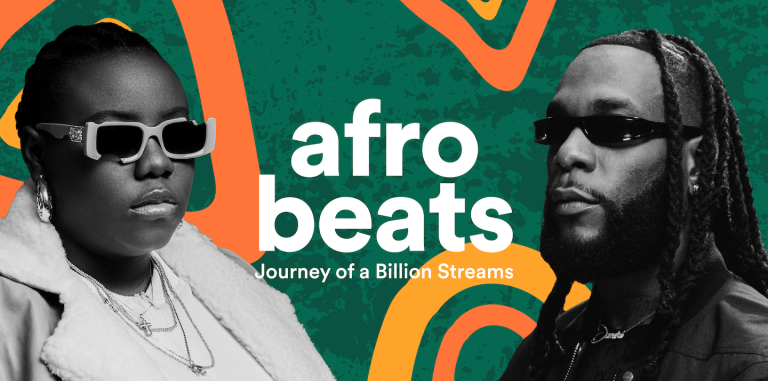 a green and orange background with black and white artist portraits. Afro Beats text is in the center.
