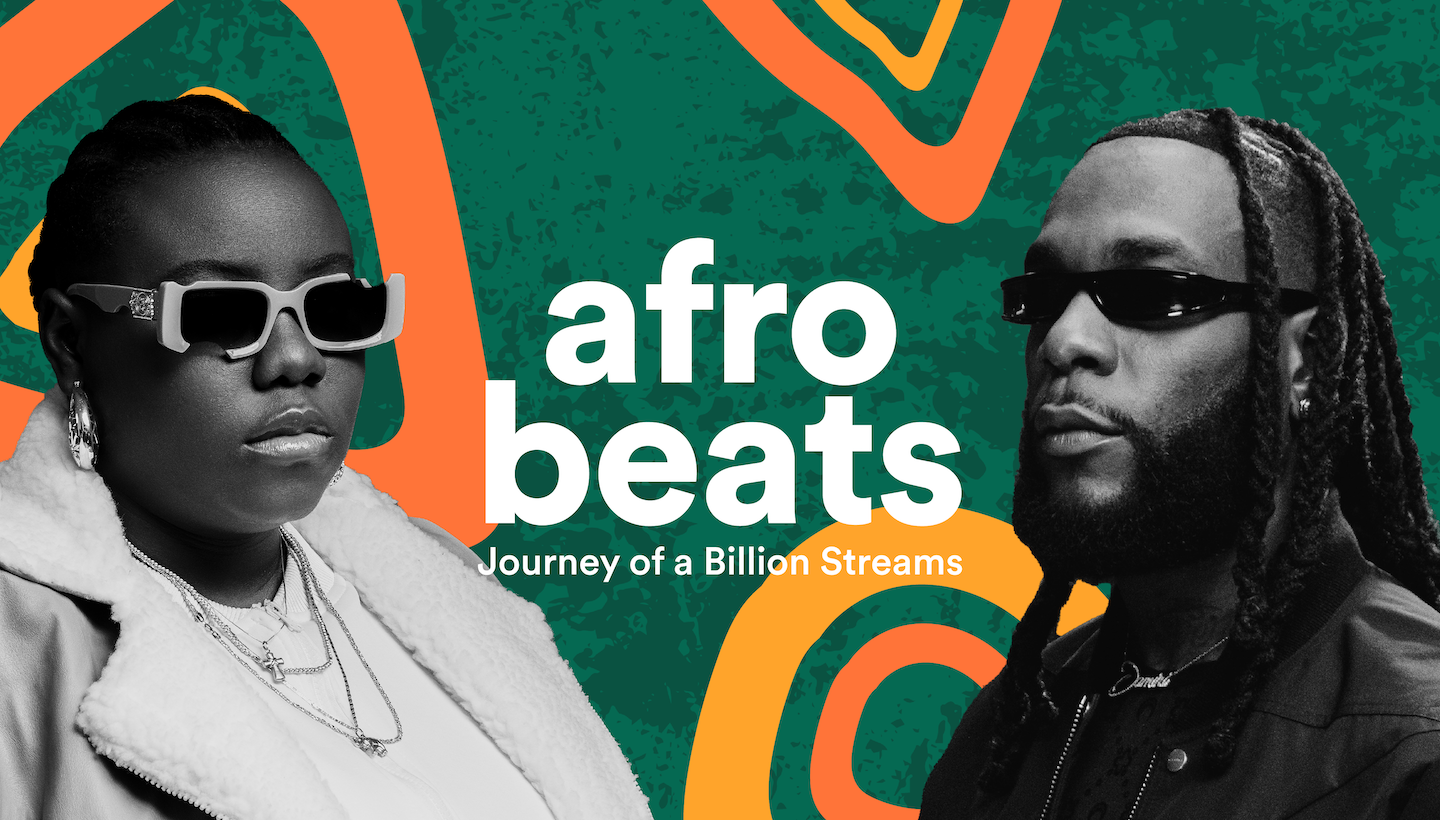 a green and orange background with black and white artist portraits. Afro Beats text is in the center.