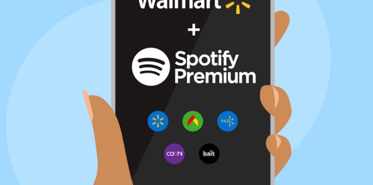 an designed image of a hand holding a mobile phone with the walmart and spotify premium logos