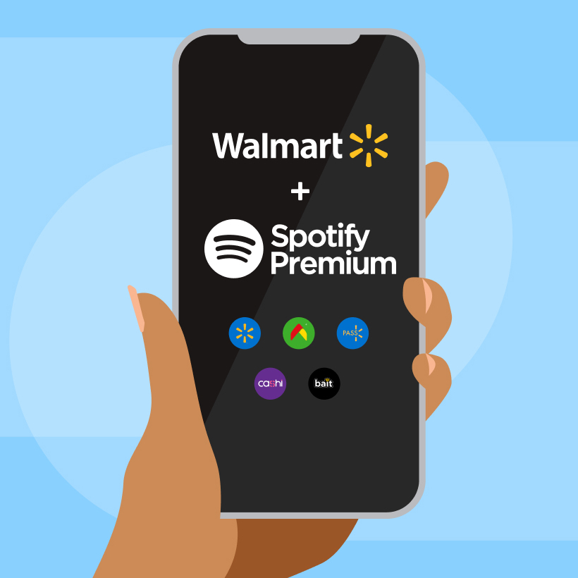 an designed image of a hand holding a mobile phone with the walmart and spotify premium logos