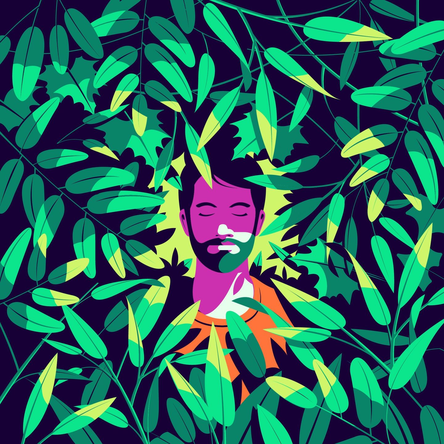 illustration of a person surrounded by leaves relaxing