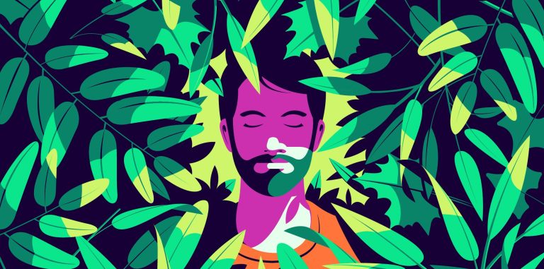 illustration of a person surrounded by leaves relaxing