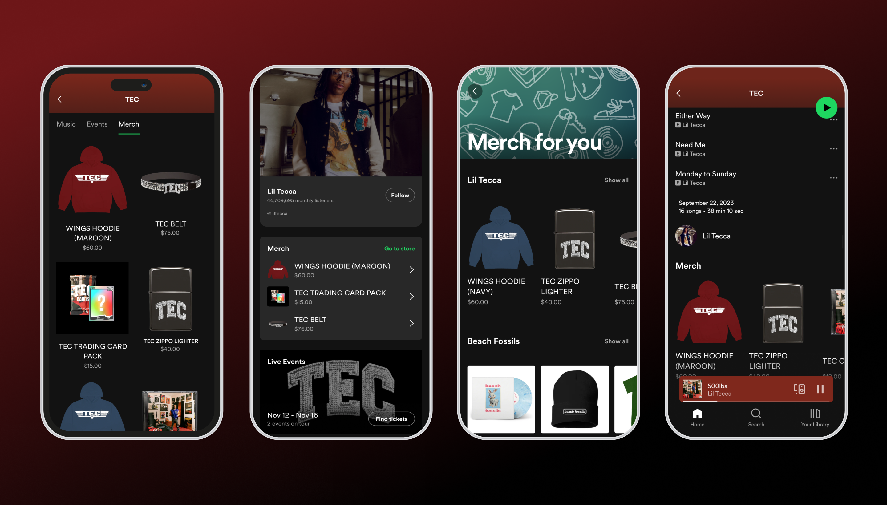 Four phone screens showing the Spotify Merch Hub and experience.