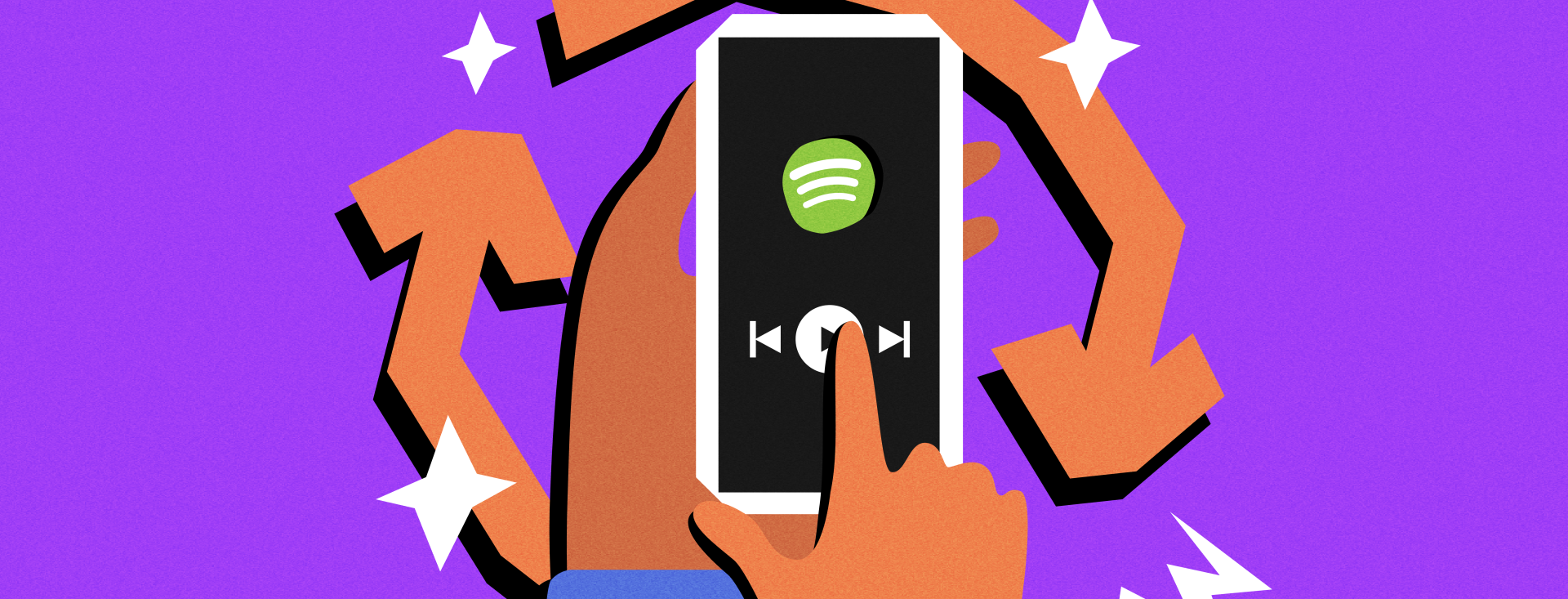 a graphic design of a hand holding a phone with the spotify logo on it. Arrows circle around the hand.