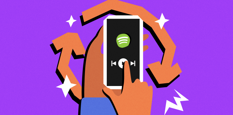 a graphic design of a hand holding a phone with the spotify logo on it. Arrows circle around the hand.