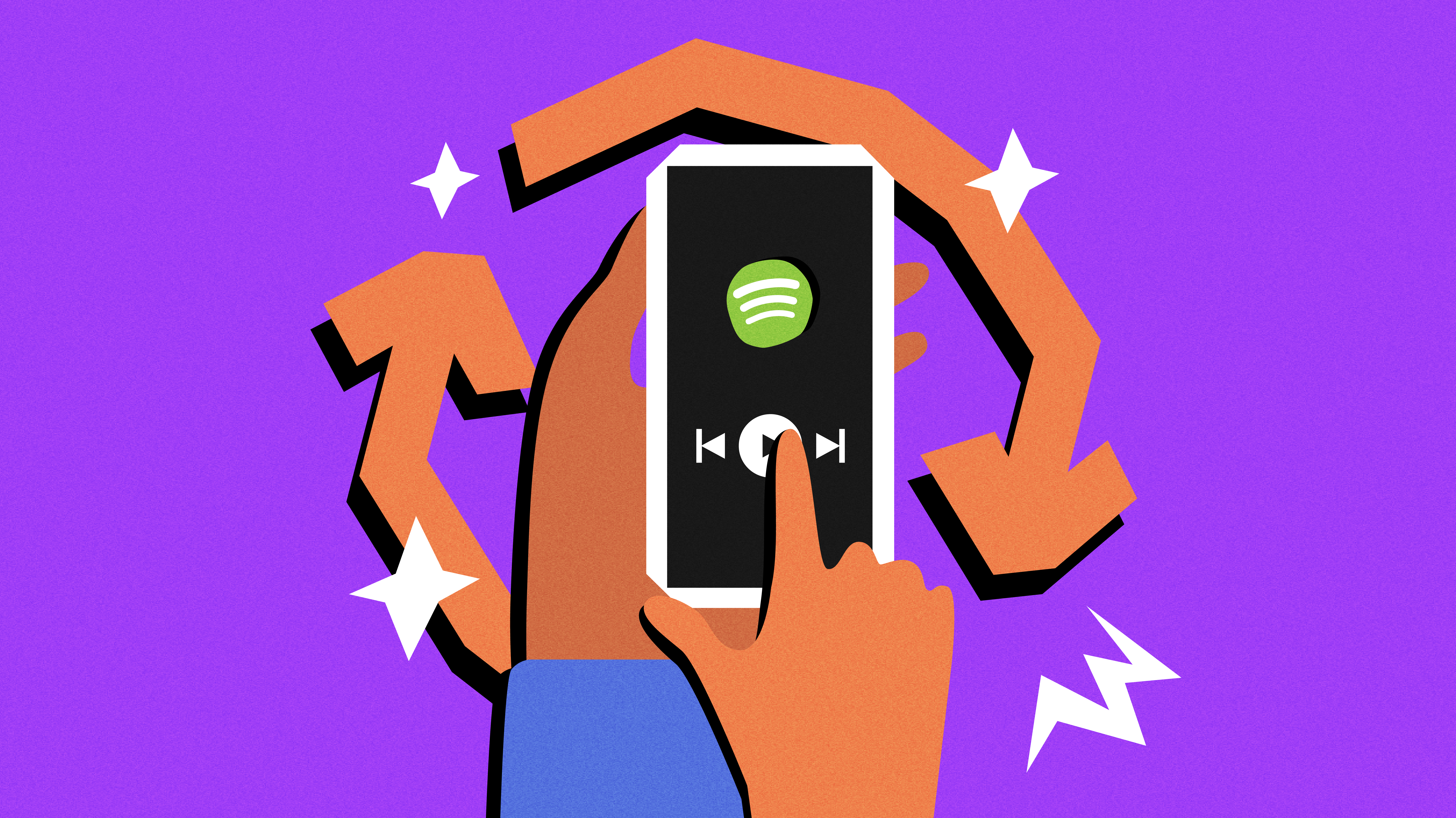 a graphic design of a hand holding a phone with the spotify logo on it. Arrows circle around the hand.