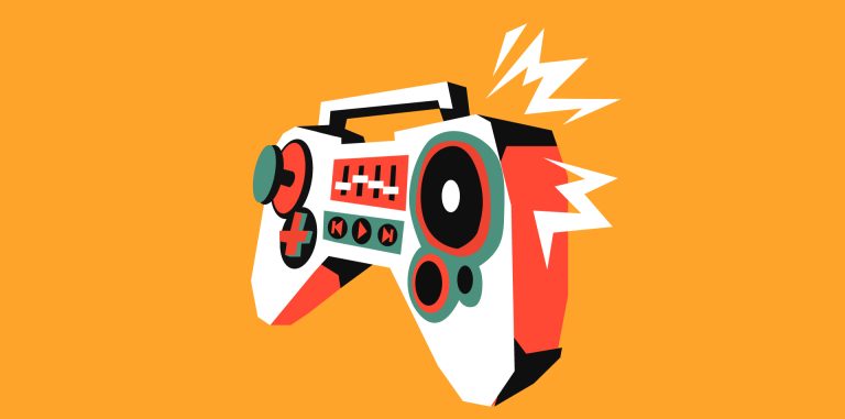 an illustration of a gaming console controller against an orange background