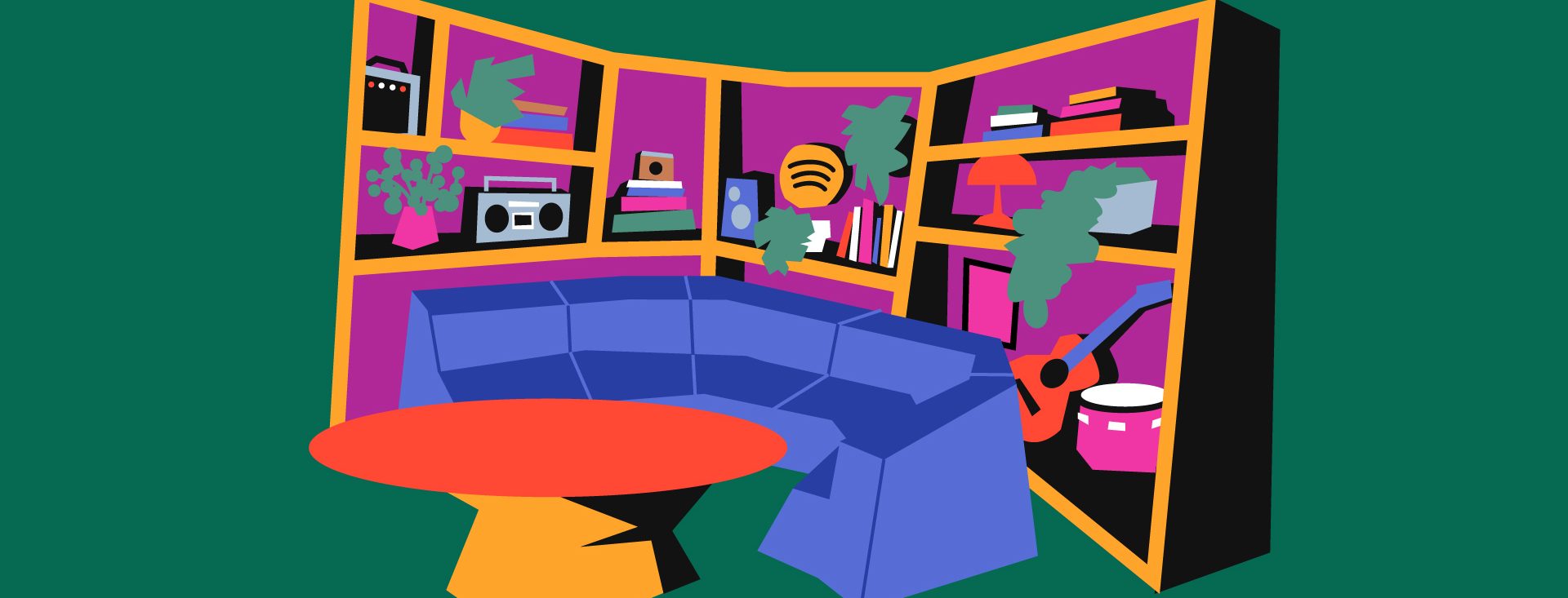 illustration of a podcast studio with a couch booth and bookshelves