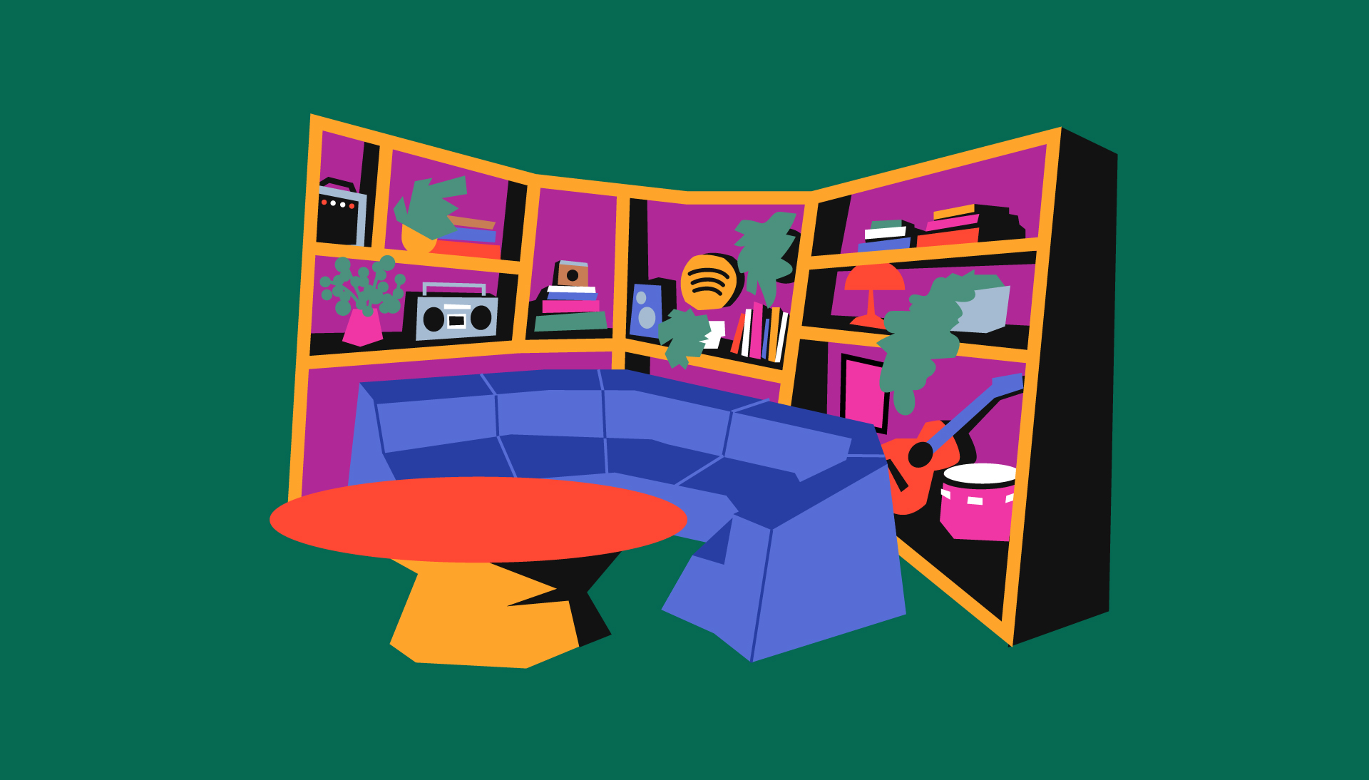 illustration of a podcast studio with a couch booth and bookshelves