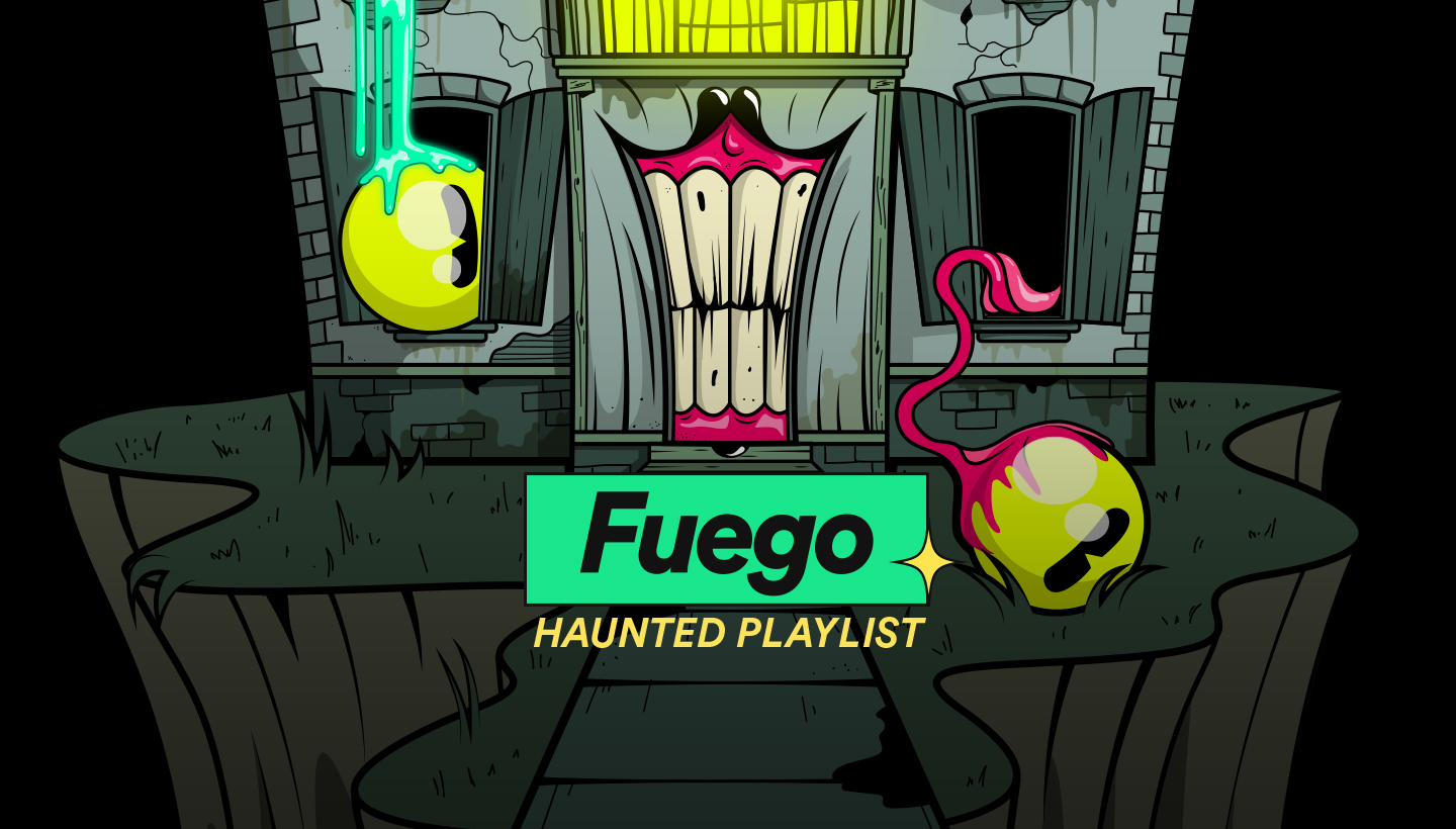 Spotify's Fuego Haunted Playlist cover art with a spooky house comic style illustration with a front door that looks like a scary mouth