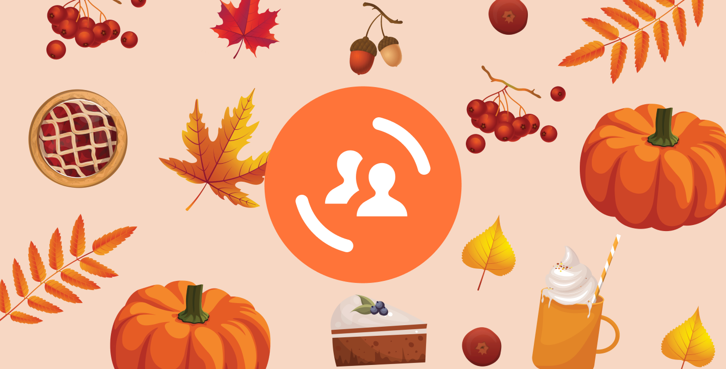 a graphic illustration of pumpkins, leaves, pies, and other fall-themed items