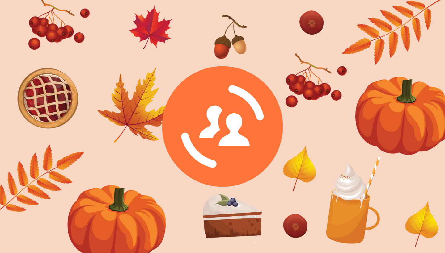 a graphic illustration of pumpkins, leaves, pies, and other fall-themed items