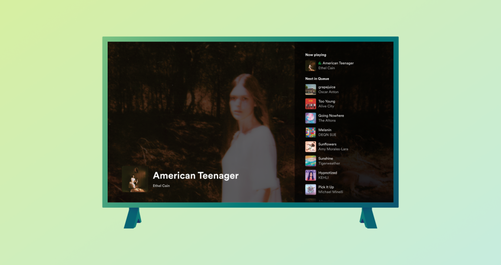 Spotify have redesigned their TV app to improve the user experience. Example of Spotify music queue on the TV.