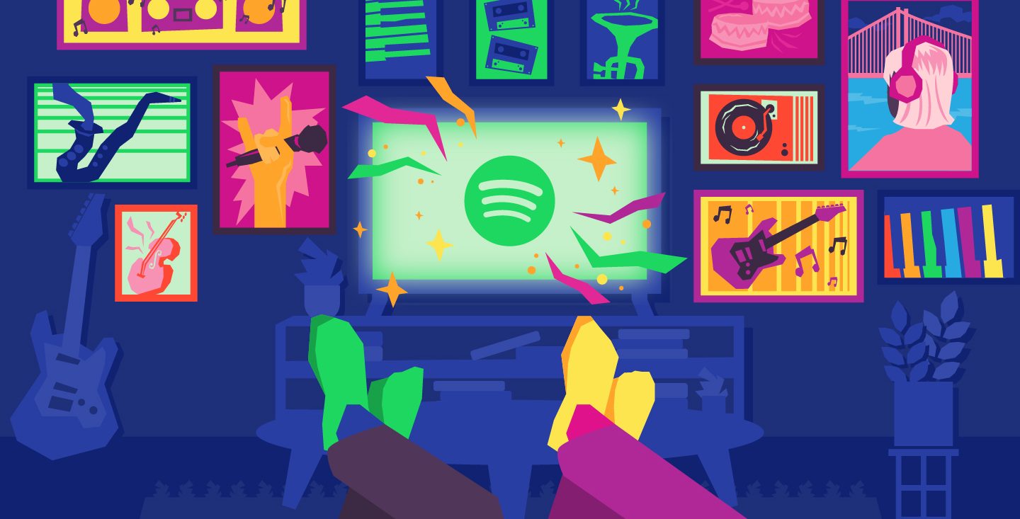 a graphic illustration showing two people listening to spotify on television.