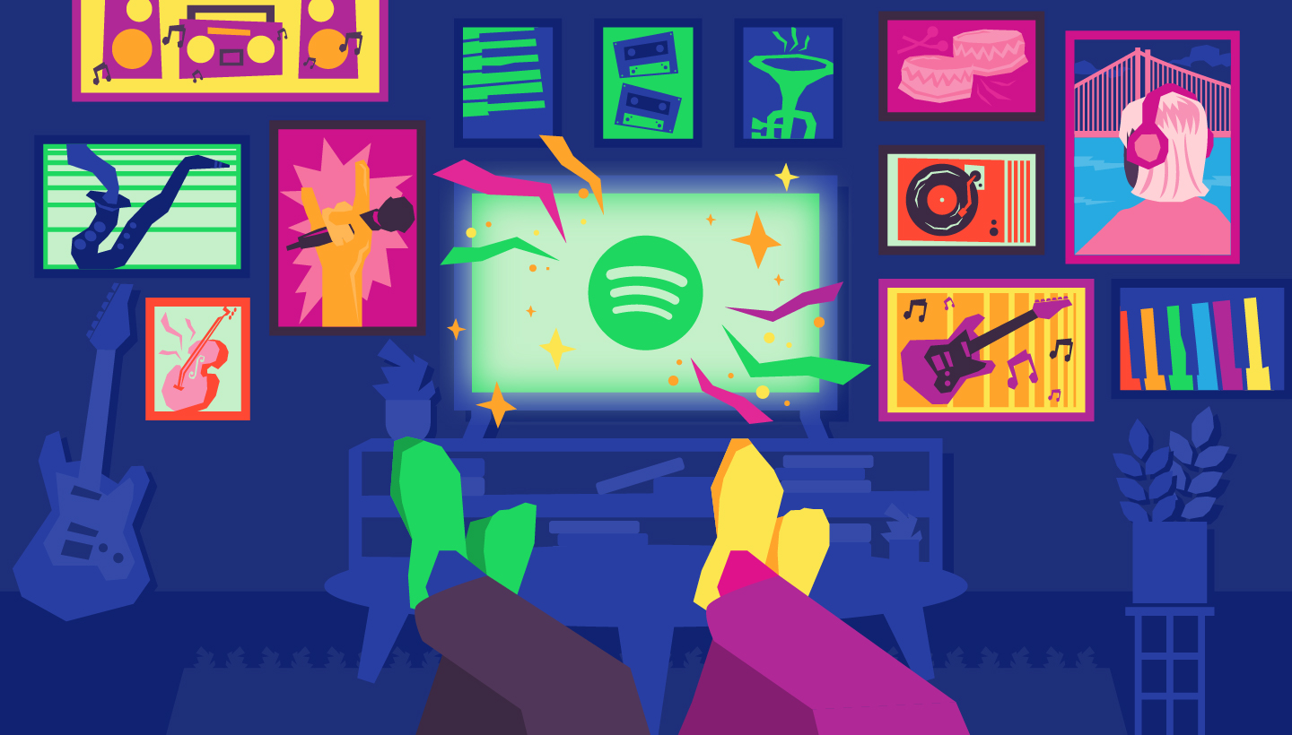 a graphic illustration showing two people listening to spotify on television.