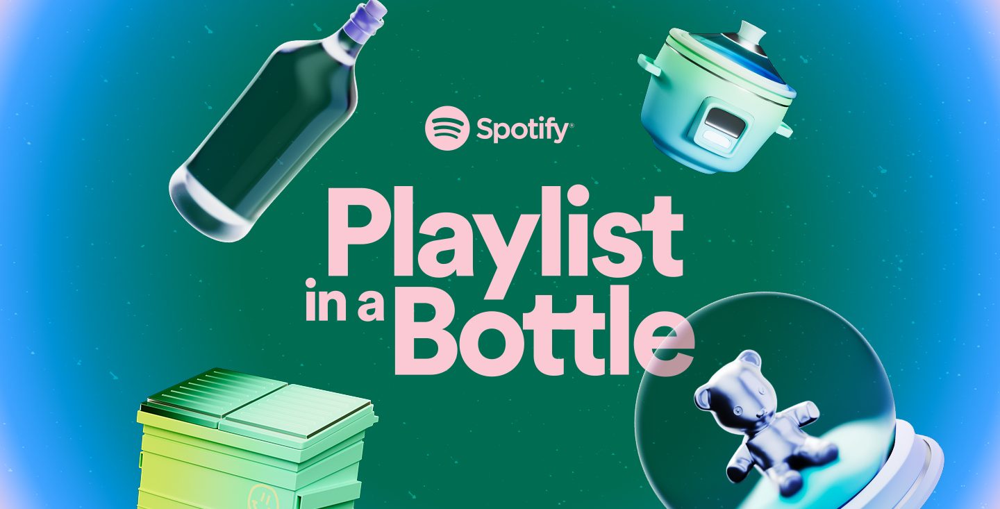 playlist in a bottle graphic image depicting bottles, rice cooker, snow globr, and dumpster