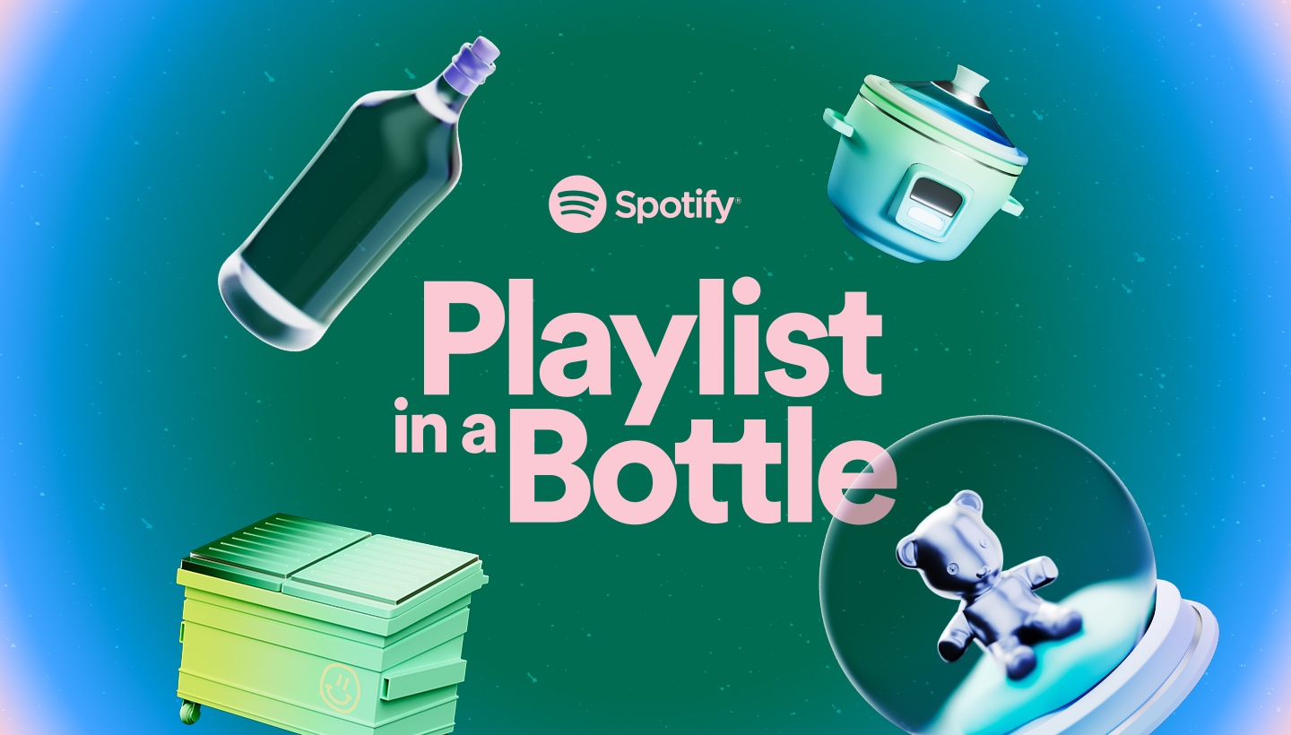 playlist in a bottle graphic image depicting bottles, rice cooker, snow globr, and dumpster