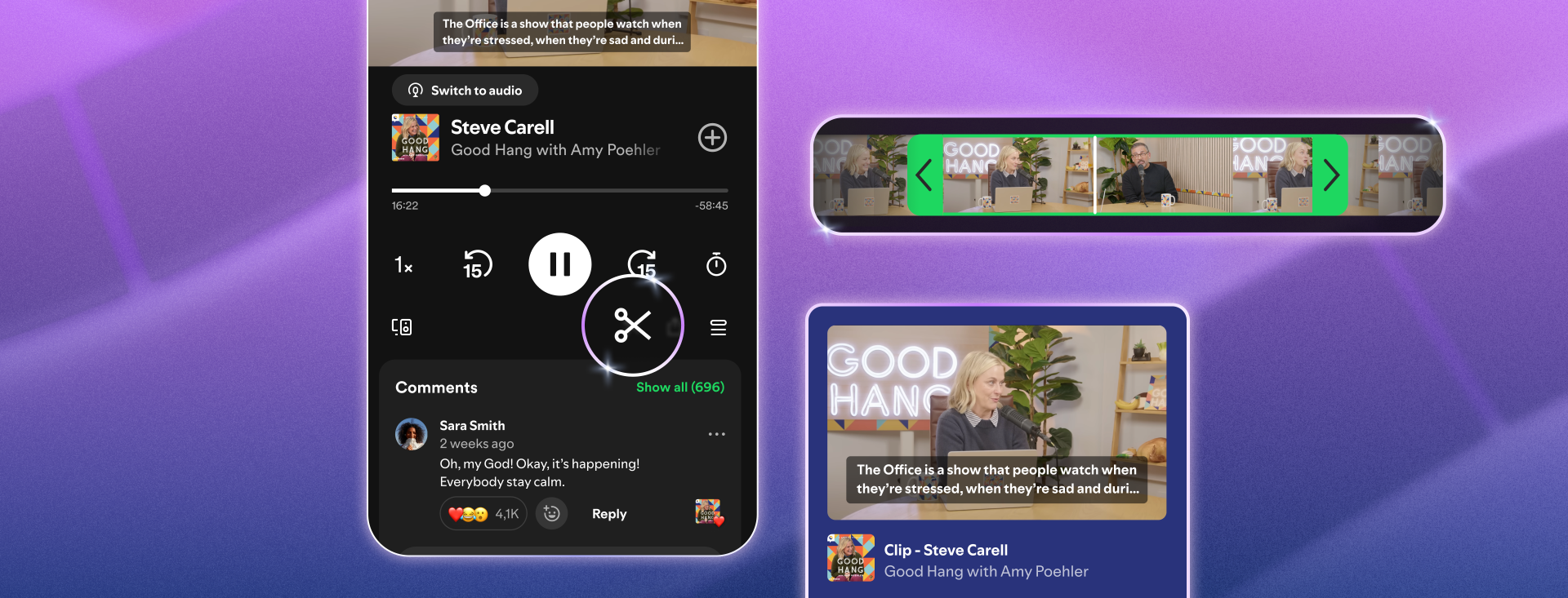 3 images showing the user experience for the new podcast clips feature on Spotify, set against a purple/blue gradient backdrop