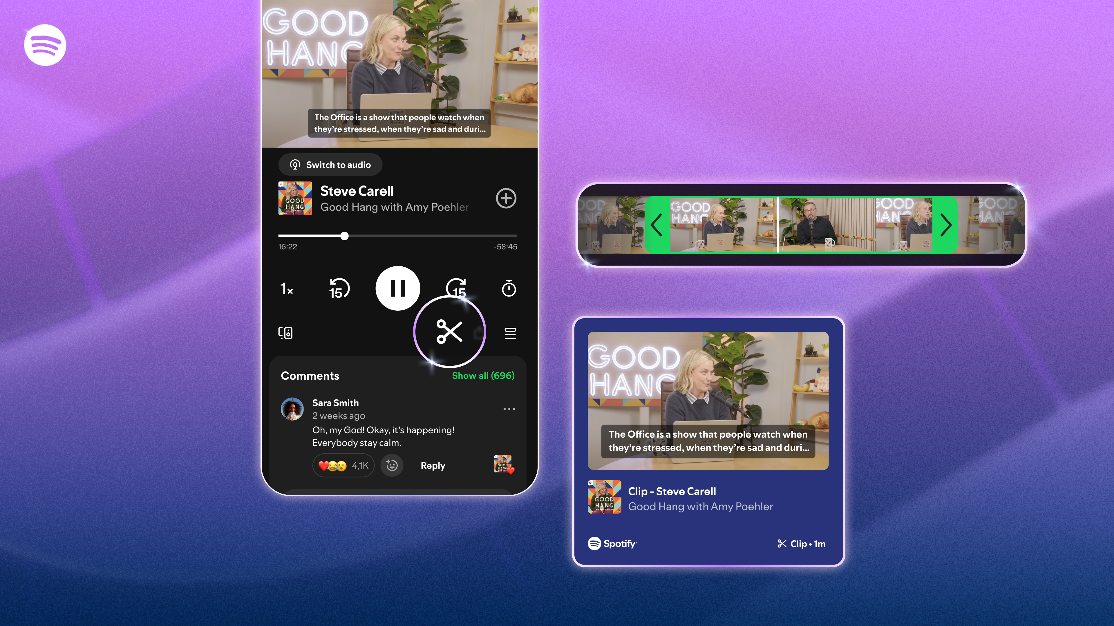 3 images showing the user experience for the new podcast clips feature on Spotify, set against a purple/blue gradient backdrop