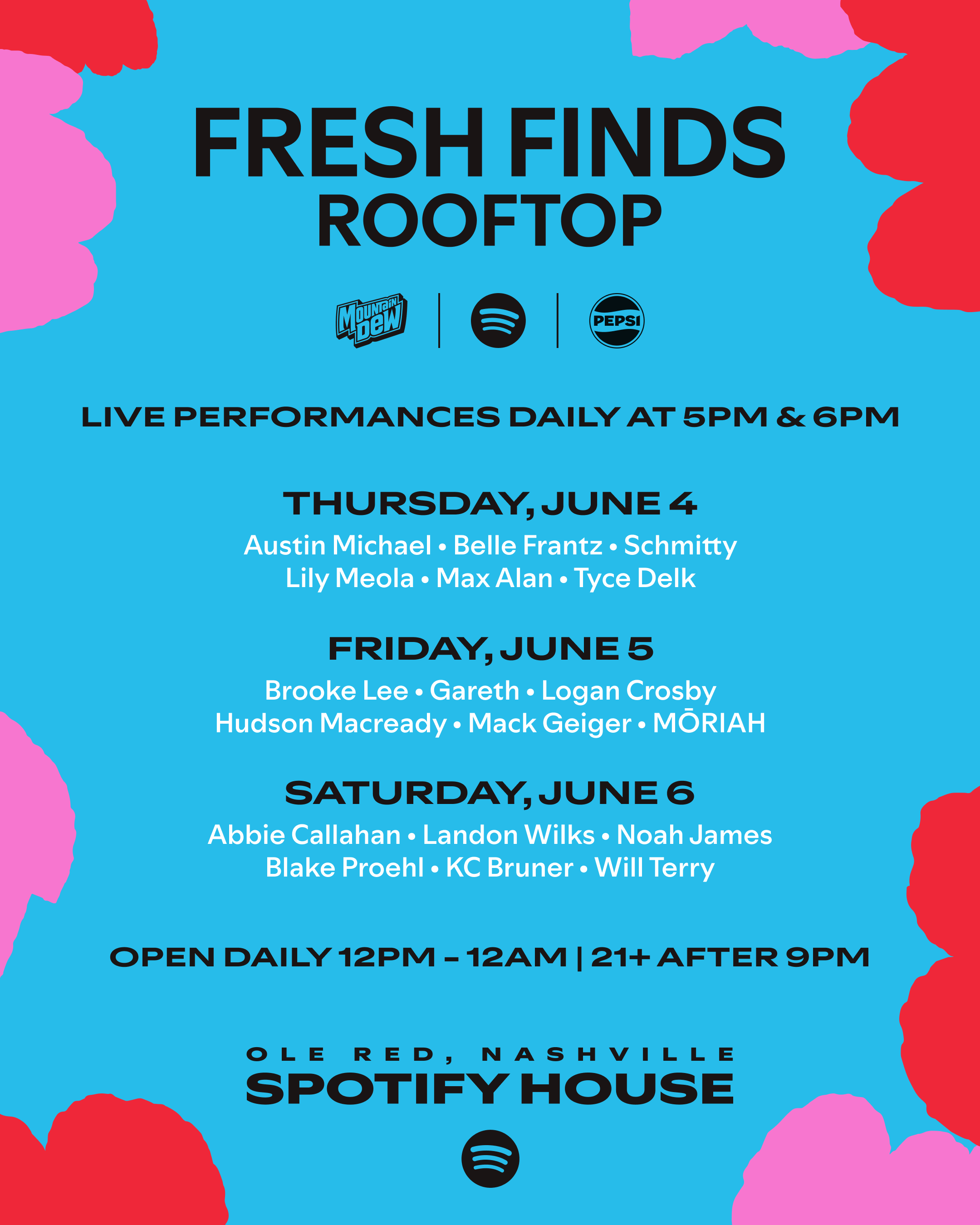 Poster of the Fresh Finds rooftop lineup at Spotify House for CMA Fest 2026
