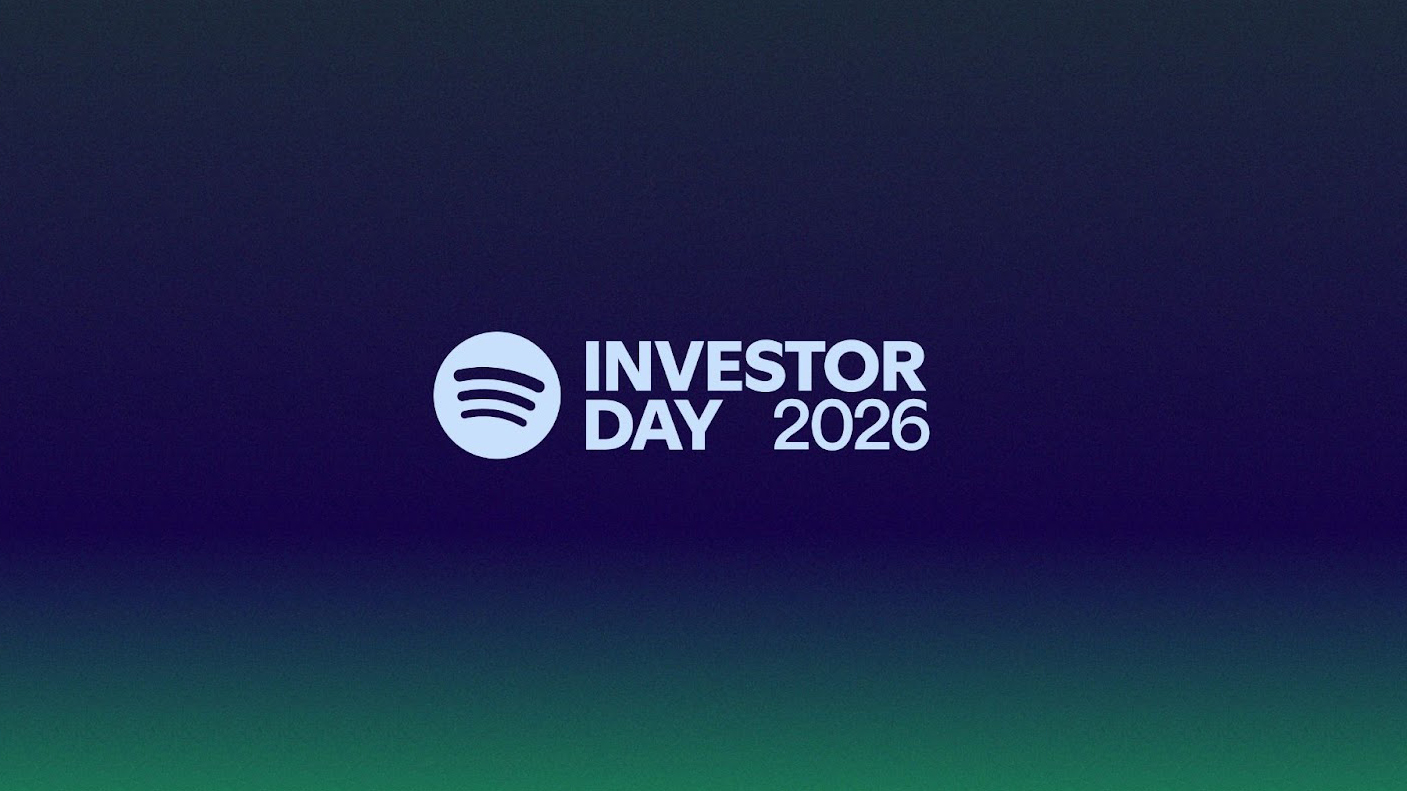 Spotify Bug next to an Investor Day 2026 logo on a dark background