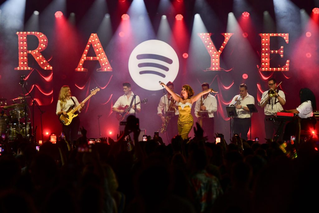Raye onstage at Spotify Beach in Cannes