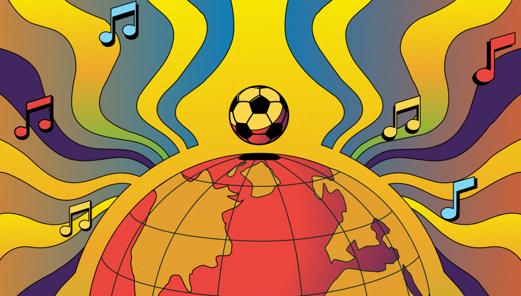 A soccer ball appearing above.a stylized, colorful globe