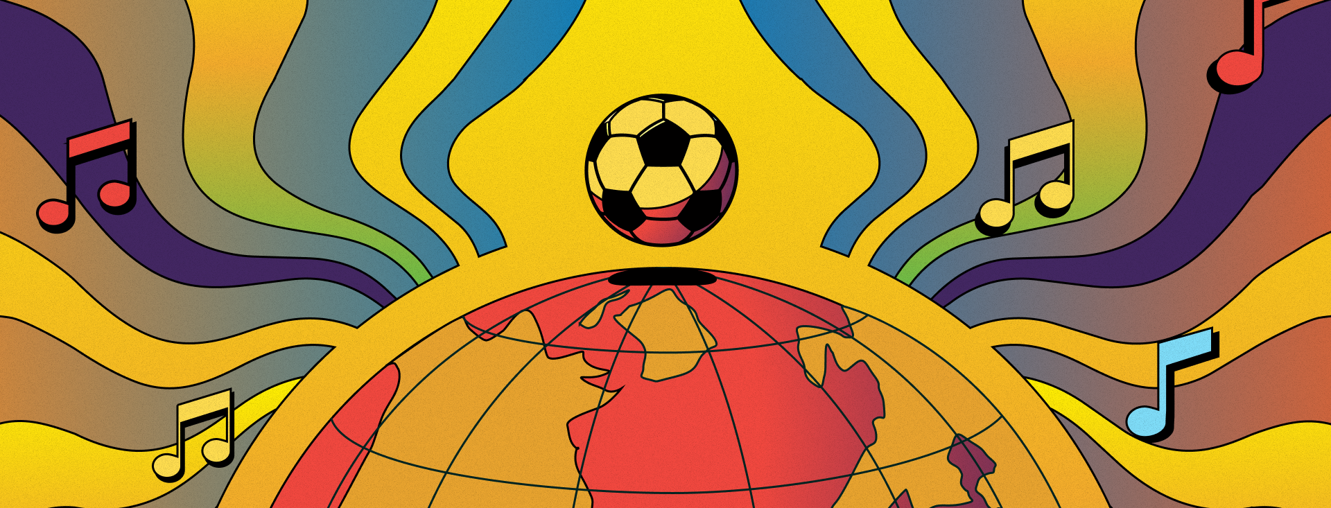 A soccer ball appearing above.a stylized, colorful globe