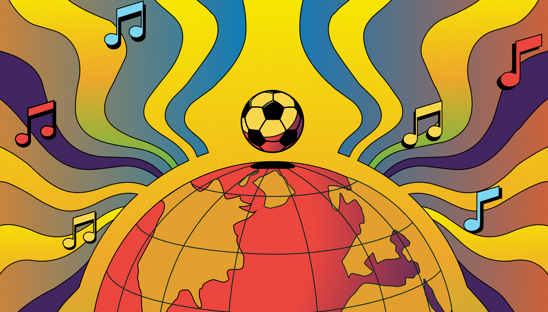 A soccer ball appearing above.a stylized, colorful globe