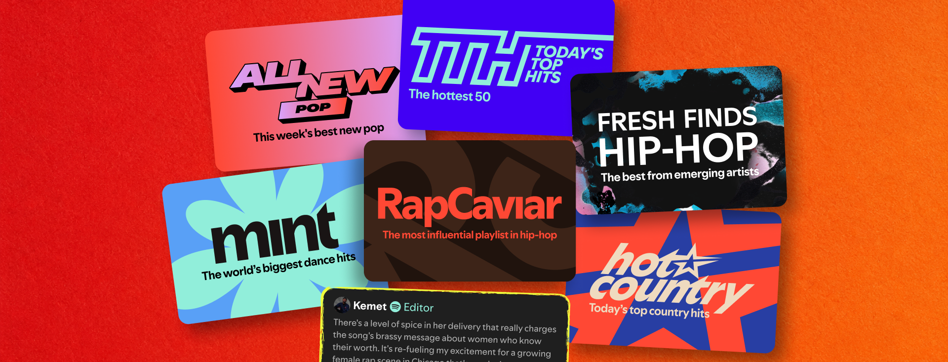 various Spotify playlist covers with an example of a playlist note from a music editor