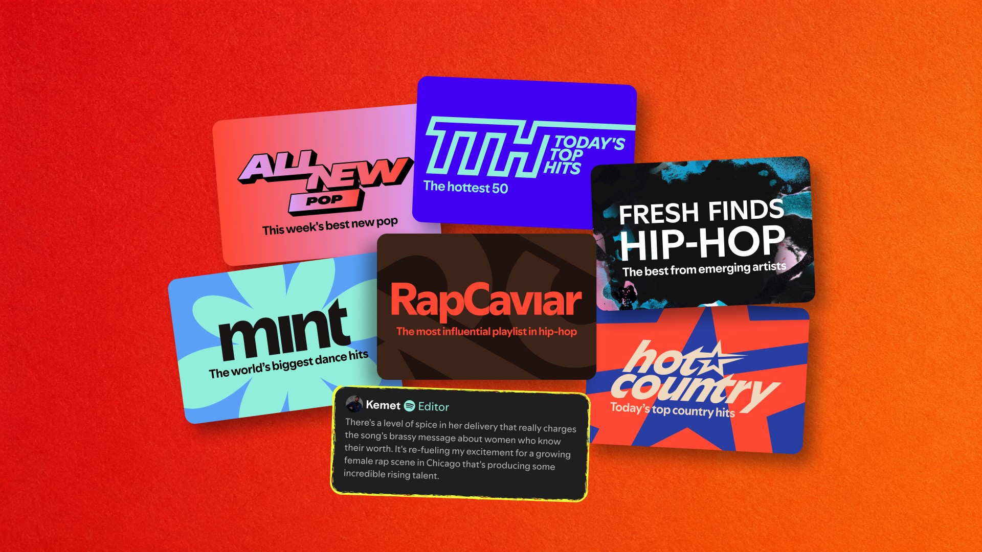 various Spotify playlist covers with an example of a playlist note from a music editor