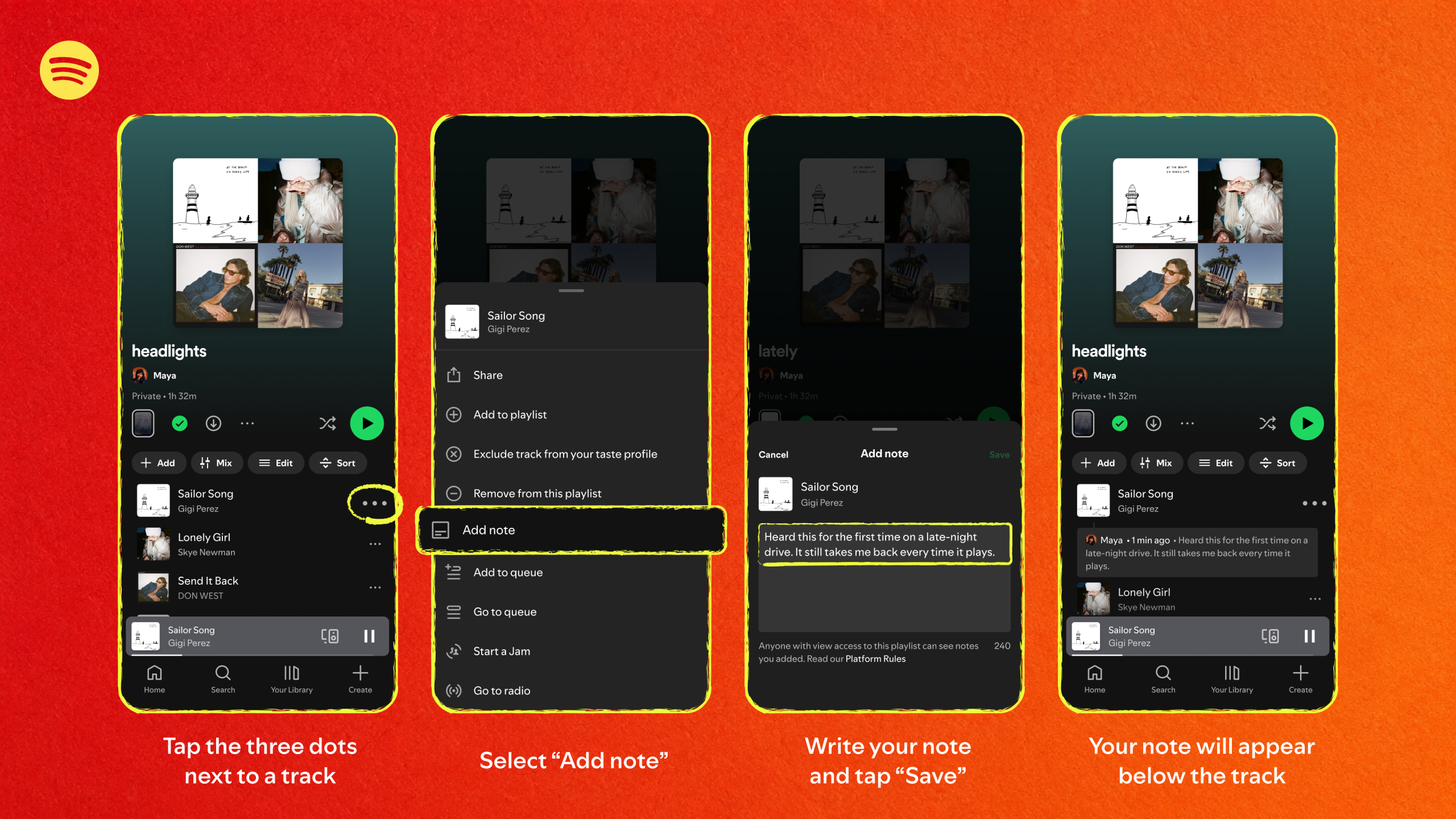 How to add a note to one of your playlists on Spotify: Tap the three dots next to a track, select "add note," write your note and tap "save," then your note will appear below the track