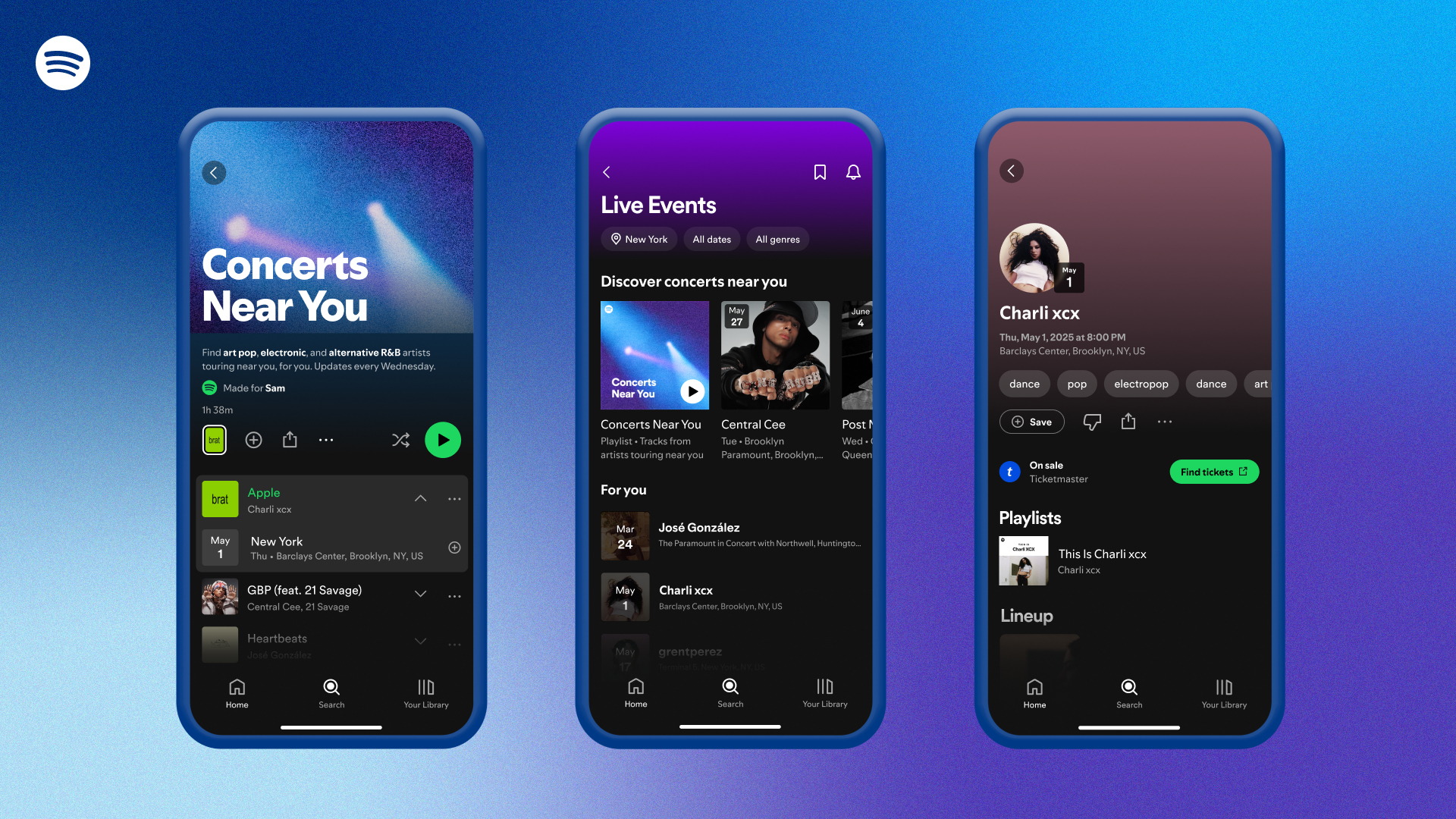Three phone screens showing the UI interaction of the Concerts Near You feature