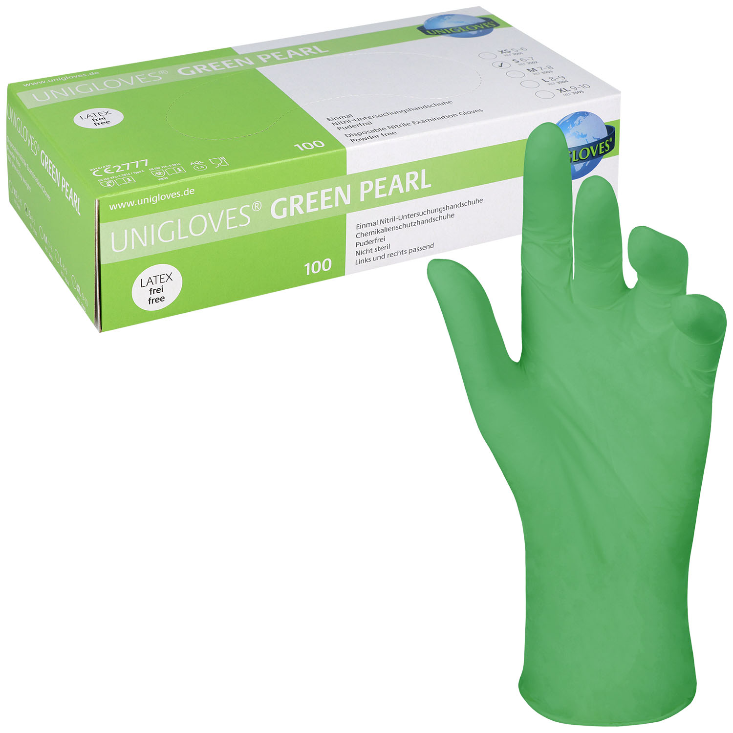 Unigloves GREEN PEARL Nitrilhandschuhe, puderfrei, grün Unigloves GREEN PEARL Nitrilhandschuhe, puderfrei, grün
