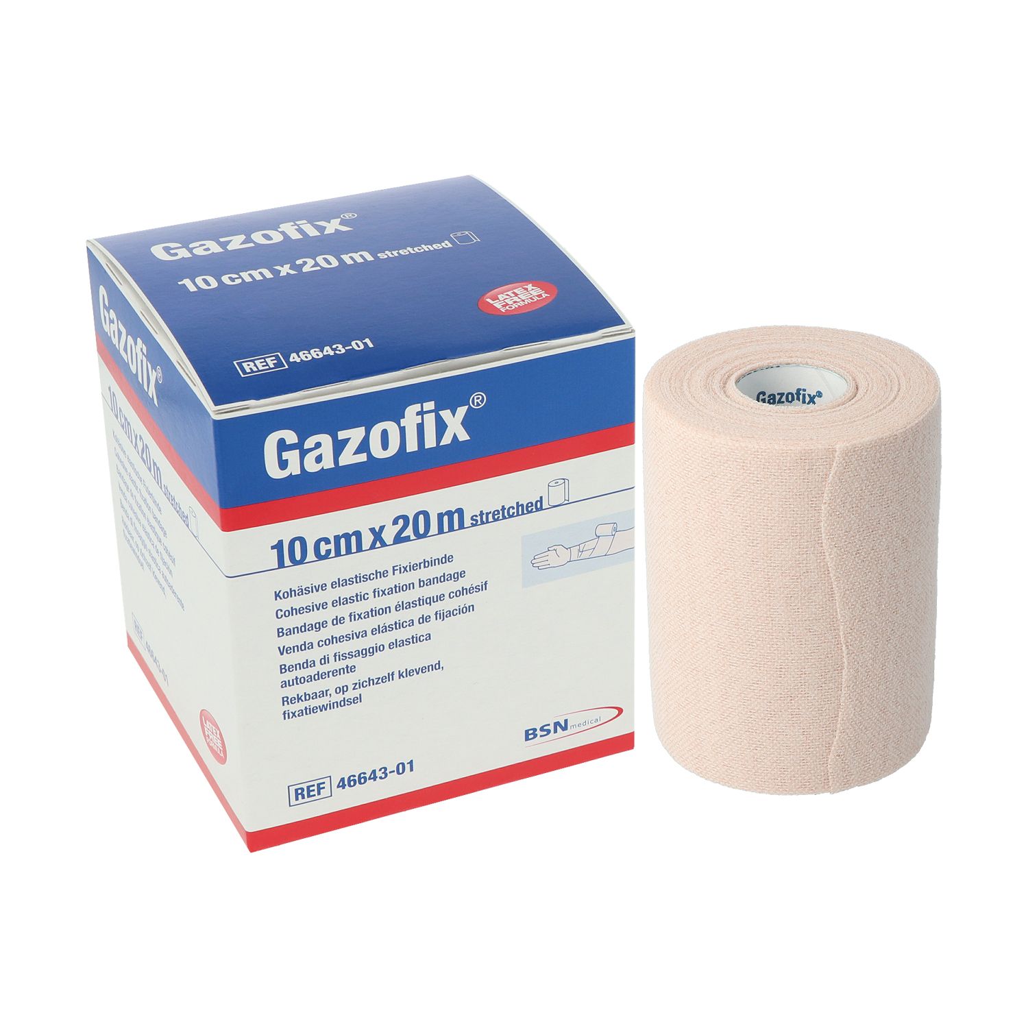 Selbsthaftender Verband vor Gazofix-Verpackung