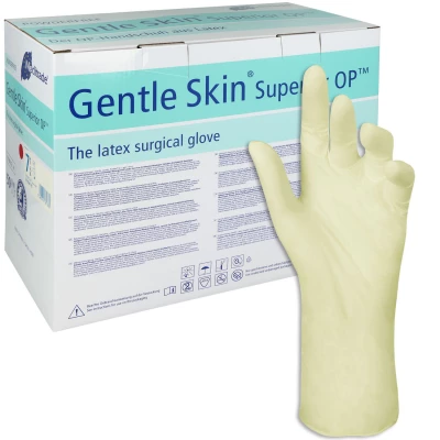 OP-Handschuh von Gentle Skin vor einer Verpackung