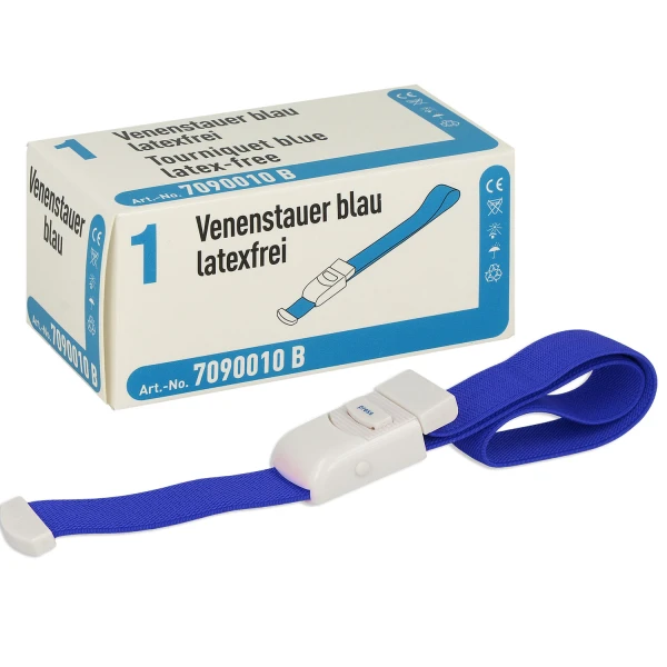 Blauer Stauschlauch vor Verpackung