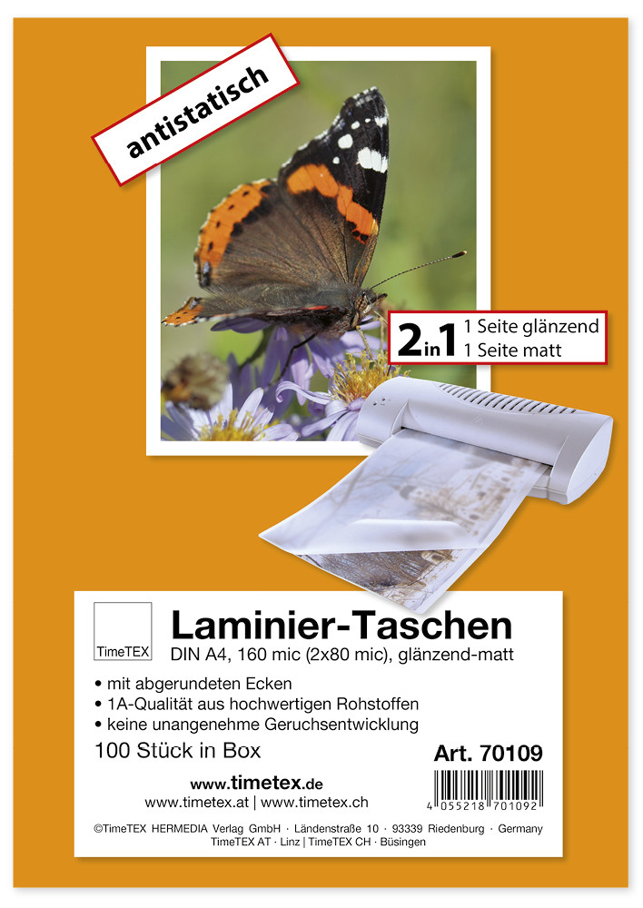 Laminier-Taschen/Heißlaminierfolien 2in1, Ecken gerundet, A4 2x80 mic glänzend-matt, 100 Stück Laminier-Taschen/Heißlaminierfolien 2in1, Ecken gerundet, A4 2x80 mic glänzend-matt, 100 Stück