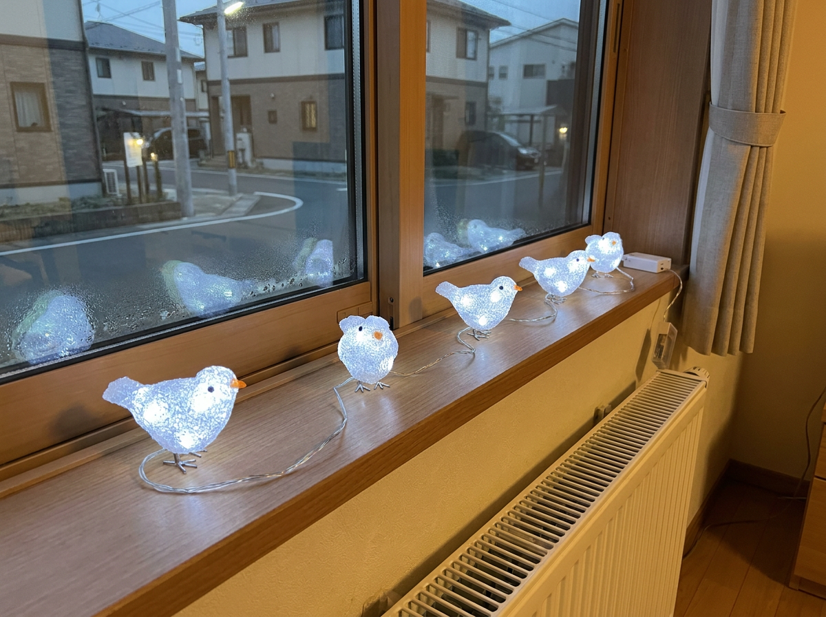 室内の窓辺に置かれた小鳥の形をした可愛らしいLEDライト
