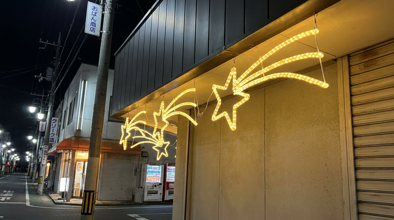 夜の建物の軒下に複数連結して飾られた、流れ星デザインのLEDチューブライト