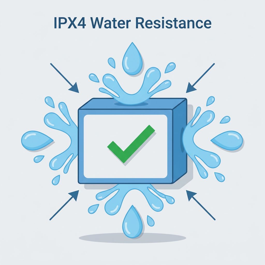 防水規格IPX4を説明する図。あらゆる方向からの水の飛まつを防ぐ様子が示されている。