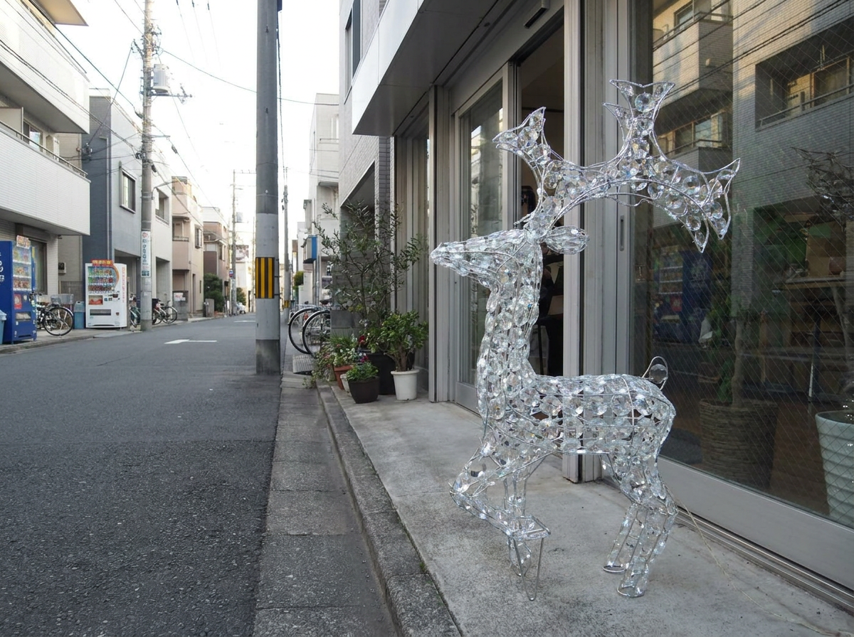 昼間の商店街の店先に置かれたリトルクリスタルトナカイ。電源が入っていなくてもオブジェとして美しい。