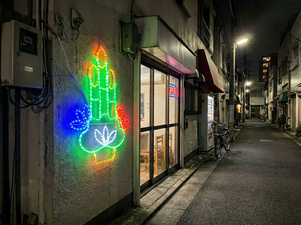 夜、小さなカフェの店先に飾られた流れ星型のLEDチューブライト