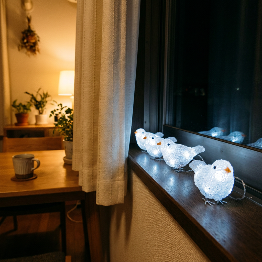 夜の部屋の窓際に置かれ、優しく光る小鳥デザインのLEDモチーフライト