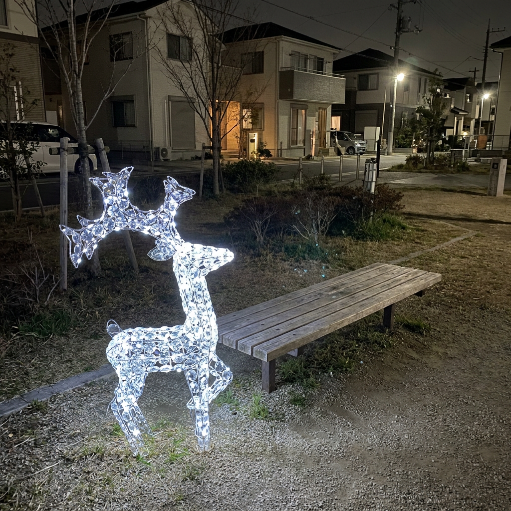 夜の公園のベンチ横で光るリトルクリスタルトナカイのモチーフライト。