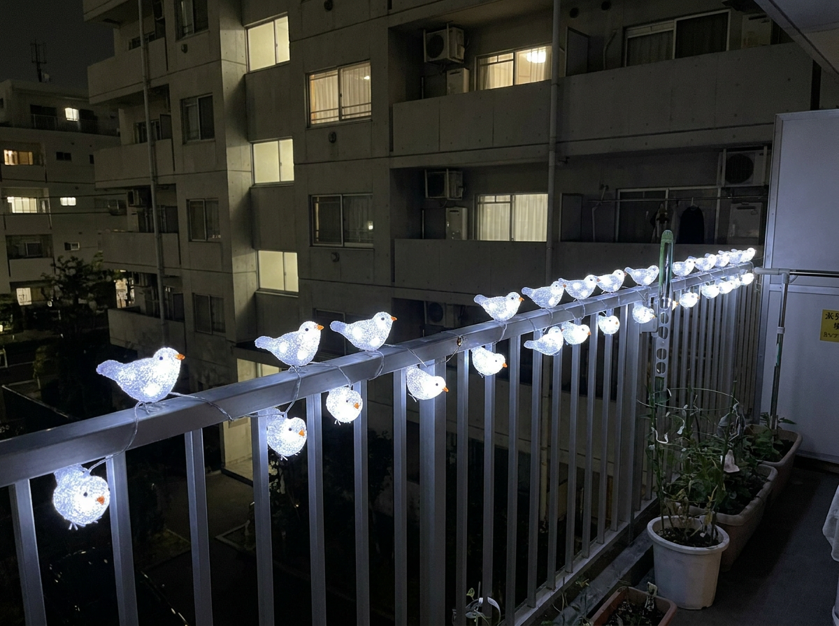夜のマンションのベランダの手すりに置かれ、優しく光る小鳥のLEDモチーフライト