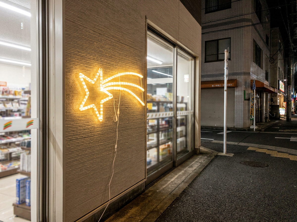 夜のモダンな店舗の外壁に設置され、明るく点灯している流れ星のLEDチューブライト