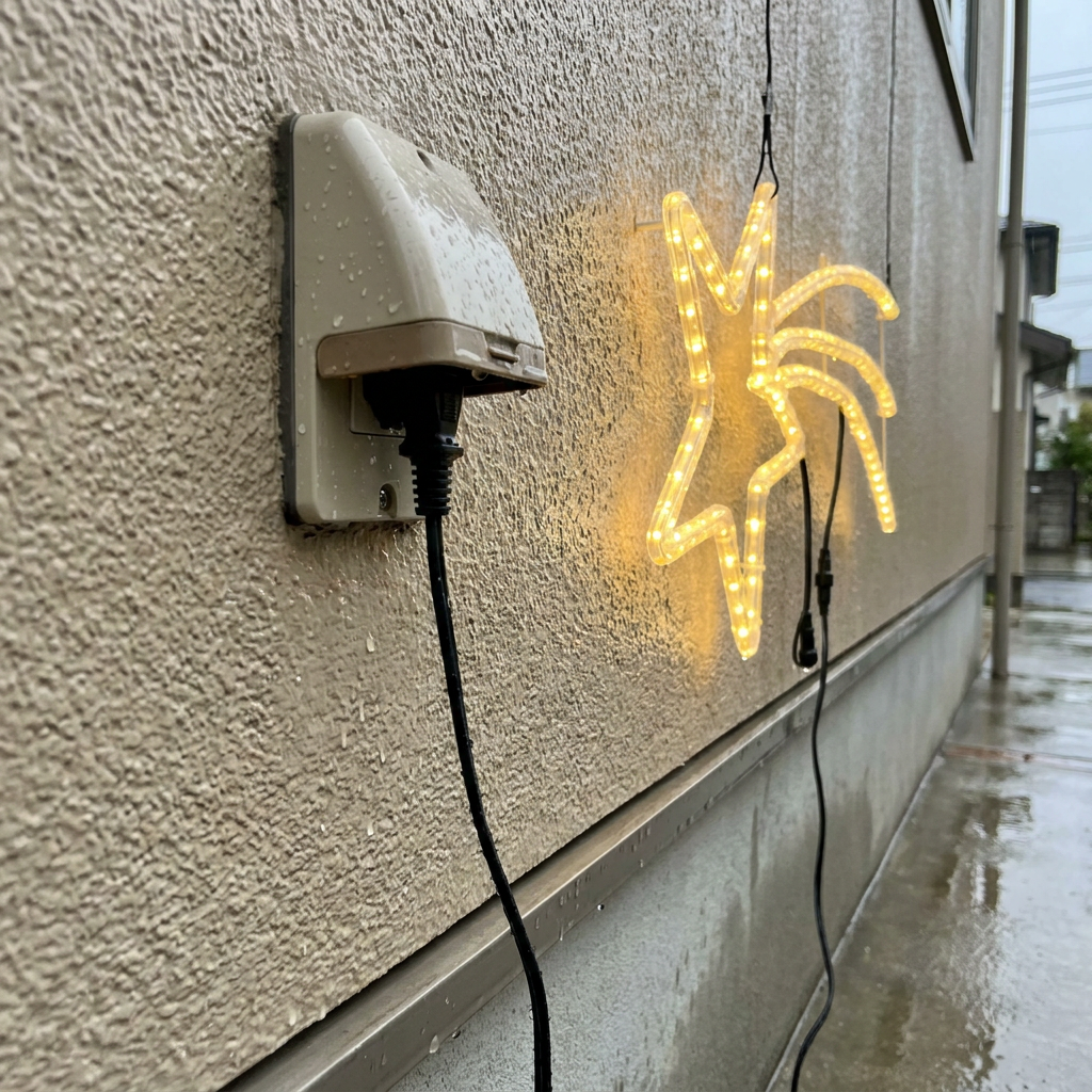 住宅の外壁にある防水カバー付きの屋外コンセントに、イルミネーションの電源プラグが差し込まれている様子。